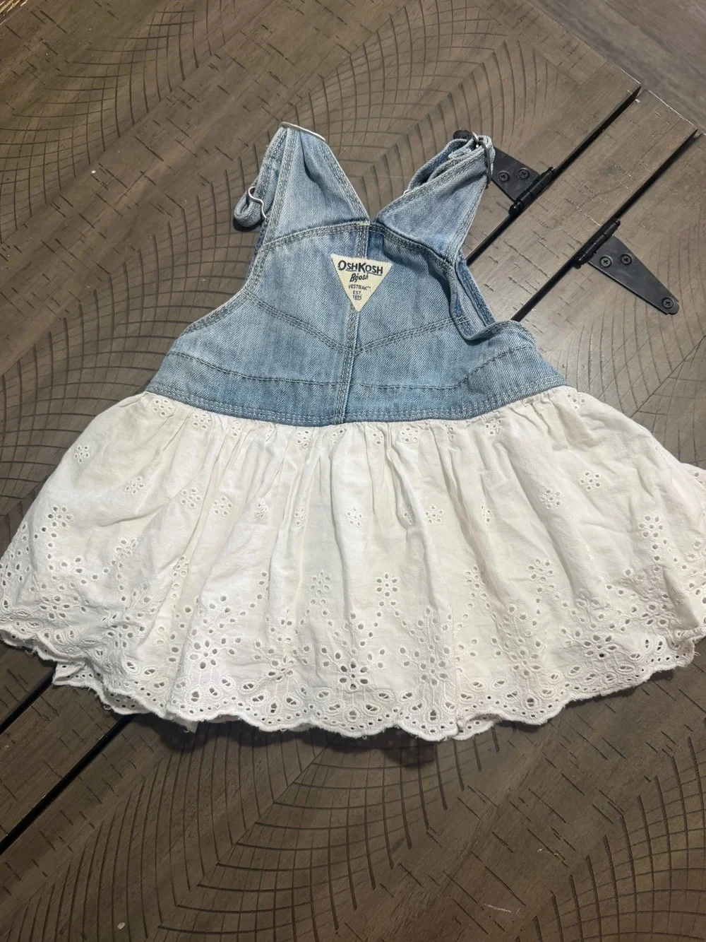 OshKosh B'gosh Light Blue Denim Overall Dress with White Eyelet Skirt